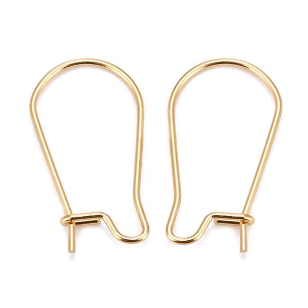 Korvakorukoukku, lukkiutuva, 20 x 11 mm [kidney earwire], ruostumaton ter&auml;s, kullattu, 50 kpl tukkupakkaus